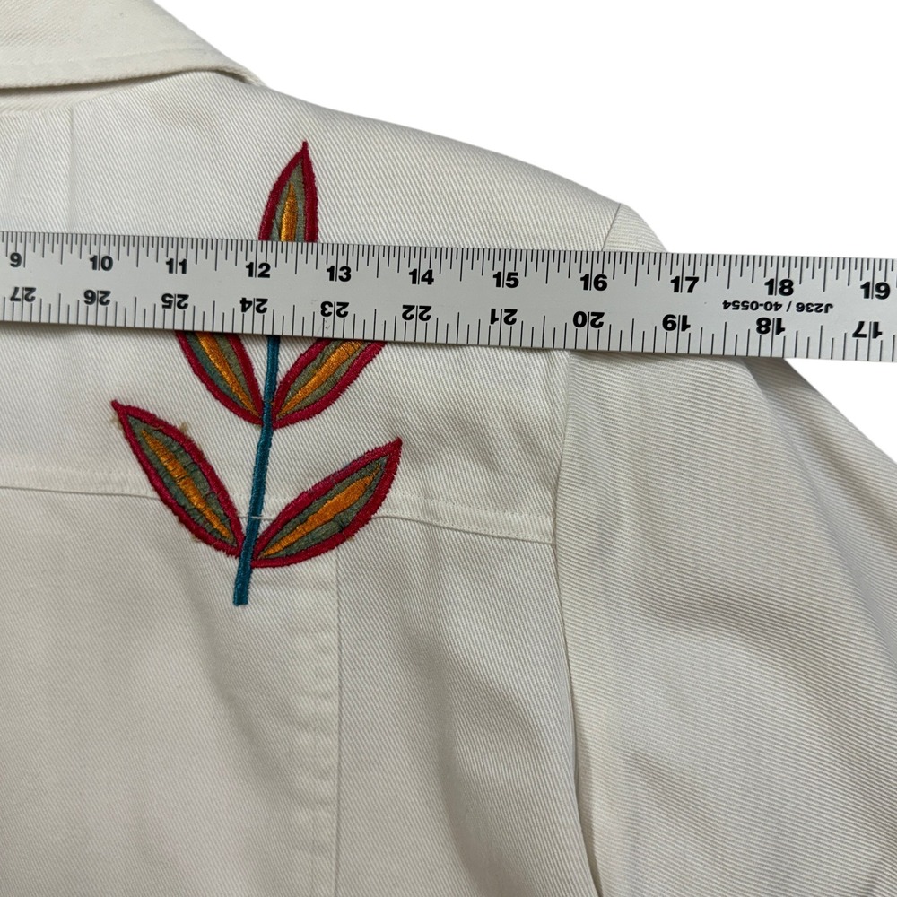Variations White Embroidered Denim Jacket Womens Large Floral‎ Applique Buttons - Picture 8 of 15
